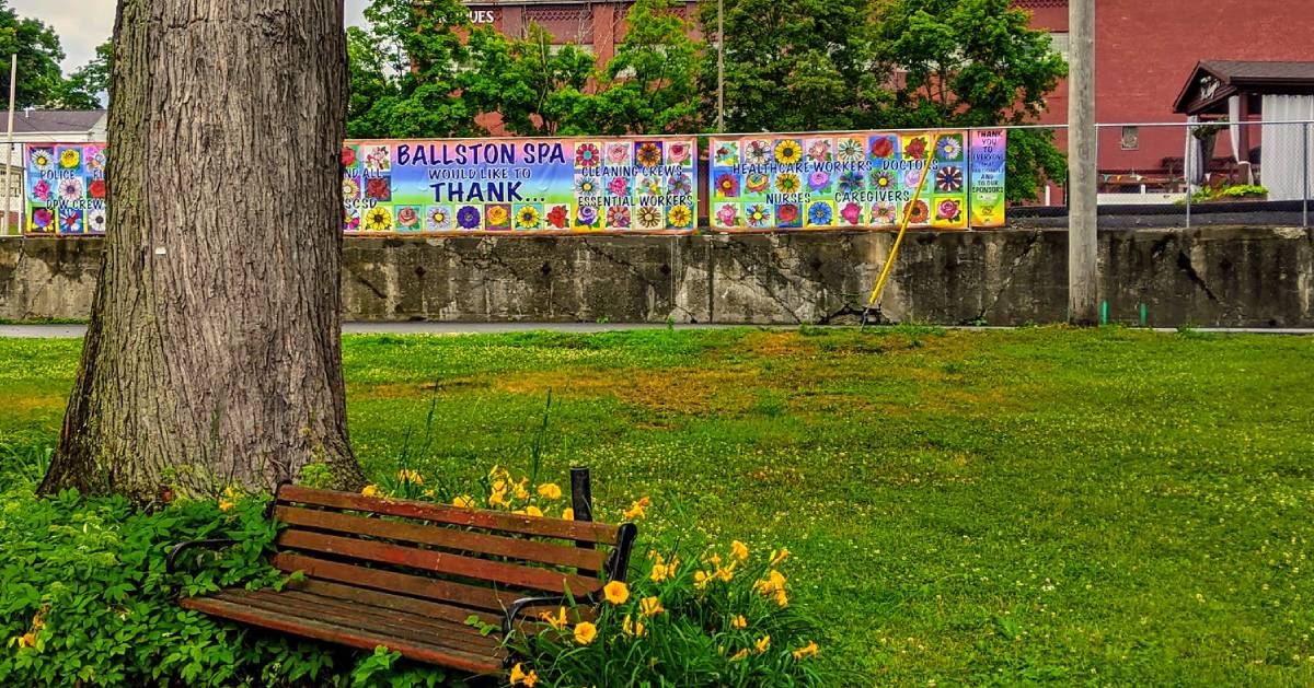 Ballston Spa sign and bench