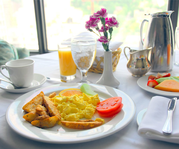 restaurant table with breakfast items