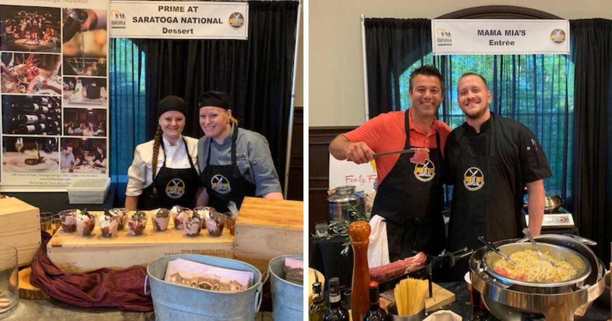 two photos of food displays and chefs