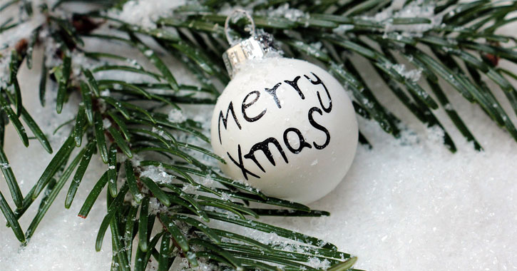 an ornament in the snow by a tree branch that says Merry Xmas