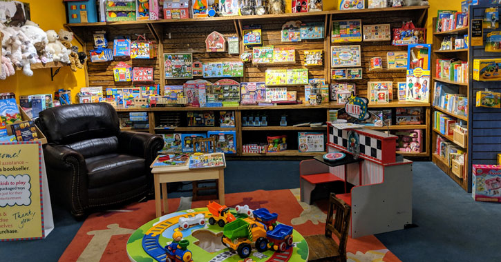 chair and books and toys in bookstore