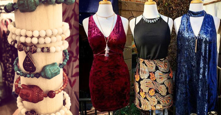split image with bracelets on the left and three dresses on the right
