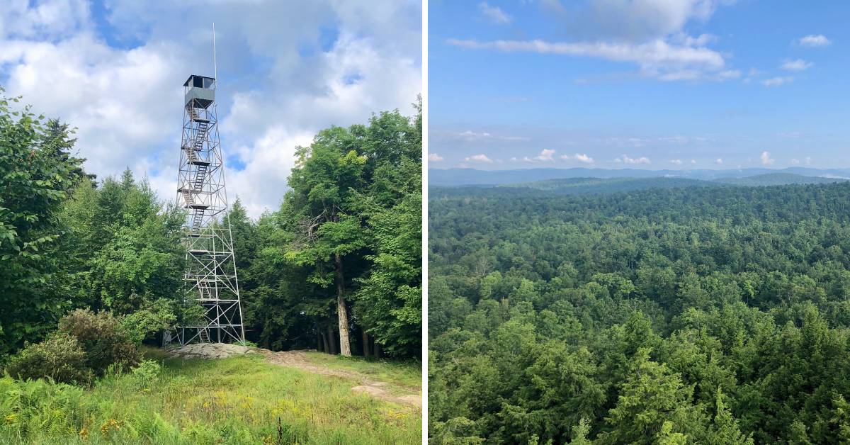 left photo of a fire tower, right photo of aerial view of trees