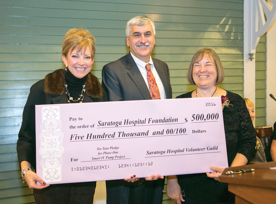 Amy Raimo, left, hospital VP for community engagement; Angelo Calbone, Saratoga Hospital president, and Barbara King, Saratoga Hospital Volunteer Guild, display a check for $500,000. Courtesy Saratoga Hospital